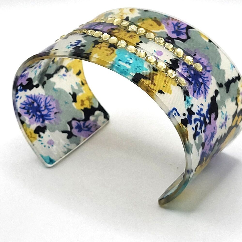 Transparent Floral Acrylic Bangle Wide Chunky 8in 1.5in wide